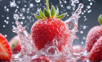 Fresh strawberries splashing in water