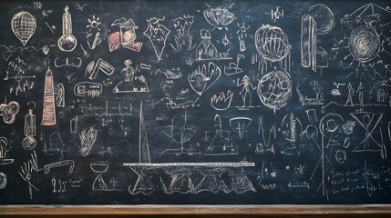 Blackboard filled with sketches doodles and icons representing various scientific disciplines including biology chemistry physics and mathematics  The image suggests a creative exploratory