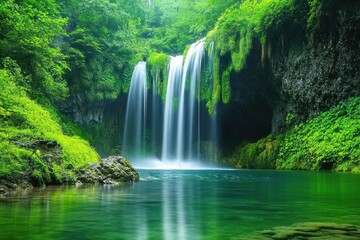 Serene Waterfall Cascading into Crystal Clear Pool Surrounded by Lush Green Forest