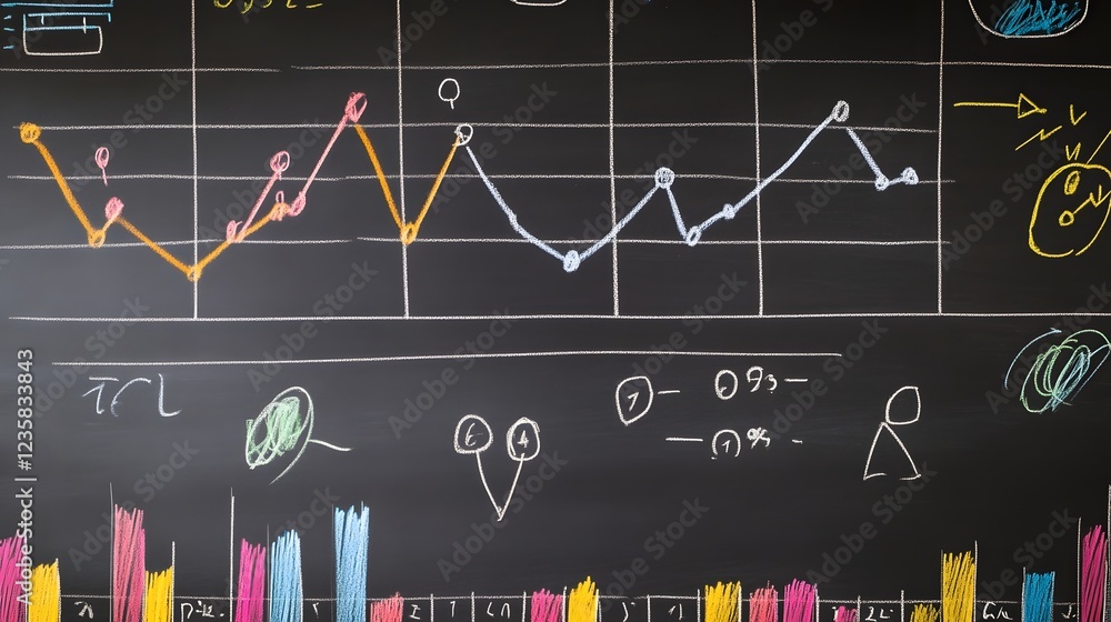 Aufkleber Blackboard with Colorful Graphical Data Analysis and Visual Presentation of Statistics Showing Business Trends Market Forecasts and Financial Reports