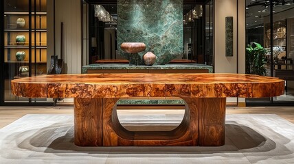 Elegant wooden dining table in a modern interior, showcasing rich textures and contemporary design, perfect for upscale home decor and furniture marketing.