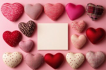 Fototapeta premium Colorful Fabric Hearts Surrounding Blank Square for Creative Valentine's Day Design