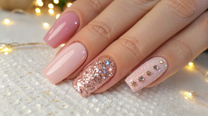 Pink gradient nails with glitter and rhinestones