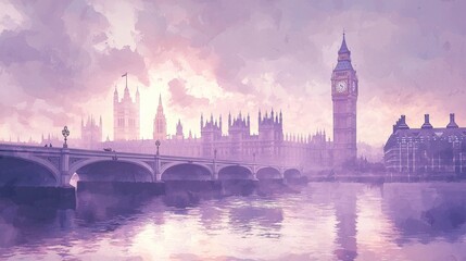 Naklejka premium A stunning view of Big Ben and the Houses of Parliament at sunset. The scene is illuminated with soft colors and reflections on the Thames River, creating a peaceful atmosphere