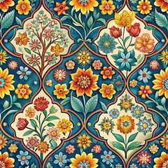 Colorful floral pattern with a tree in the middle. Seamless pattern. Vector. Illustration. Graphics