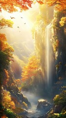Autumn waterfall mountain valley; serene landscape; photo.
