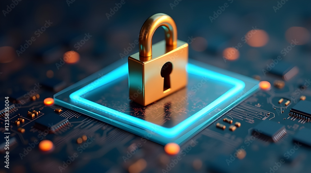 Poster cybersecurity data protection: gold padlock on tech circuit board - digital security and privacy con