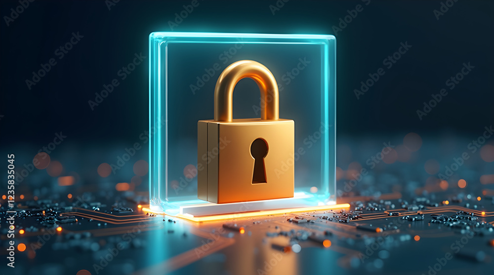 Aufkleber cybersecurity protection: secure data encryption with digital lock in neon glow - 3d render