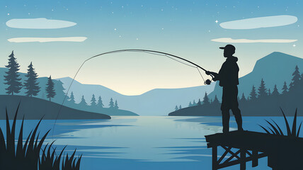 A stunning silhouette illustration of a person fishing by a tranquil lake at sunset, surrounded by lush trees and calm water, capturing a peaceful outdoor moment in nature. 