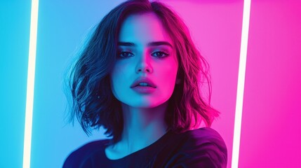 A young woman is posing in a studio illuminated by vibrant pink and blue neon lights. Her striking features and modern hairstyle capture attention in this artistic portrait