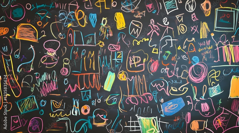 Poster Bright and colorful abstract doodle pattern with playful hand drawn marker drawings scribbles geometric shapes and chaotic lines on a chalkboard or blackboard background  Creative expressive