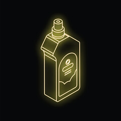 Glowing neon line isometric icon of liquid laundry detergent in plastic container isolated on black background