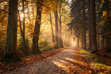 Fototapeta premium Golden Sunlight Streams Through Autumn Forest Path
