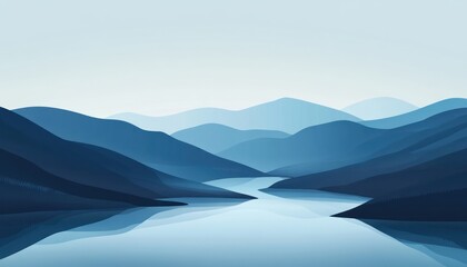 Serene Blue Mountains River Landscape Scene