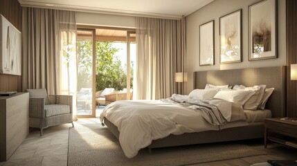 Fototapeta premium Serene Bedroom with Patio View with Luxurious Modern Interior Design