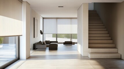 Fototapeta premium Modern minimalist home interior, sunlight streams in.