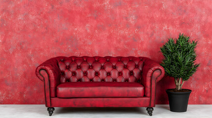 Obraz premium Red leather Chesterfield sofa stands against a textured red wall next to a potted green plant in a minimalist interior setting.