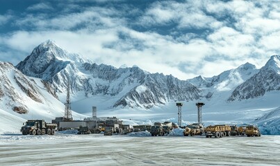 Fototapeta premium Arctic trucks parked near snowy mountains