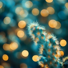 Obraz premium Close-up view of a cactus with vibrant yellow and blue bokeh background during evening light