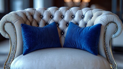Obraz premium Elegant tufted leather sofa adorned with plush blue pillows, showcasing luxury and comfort in a stylish interior setting. Perfect for home decor or furniture advertising.
