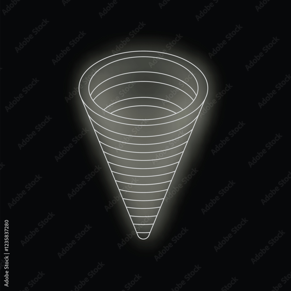 Poster abstract wireframe funnel converging to a single point, representing concepts like focus, concentrat