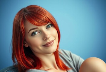 Fototapeta premium Portrait of a female with red hair, sitting with a subtle smile