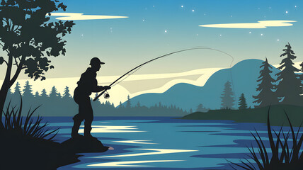 A stunning silhouette illustration of a person fishing by a tranquil lake at sunset, surrounded by lush trees and calm water, capturing a peaceful outdoor moment in nature. 