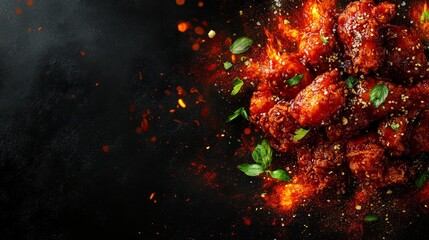 A Korean fried chicken (yangnyeom) close-up, food design, dynamic, dramatic compositions, with copy space
