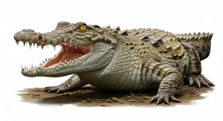 Naklejka premium Realistic illustration of a crocodile on the ground, showcasing its fierce expression and detailed scales, surrounded by a natural habitat