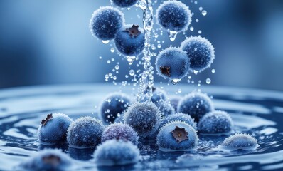 Fresh blueberries splashing in water
