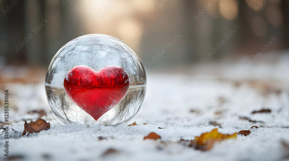 Poster a heart encased in a clear sphere rests on a snowy ground, surrounded by autumn leaves, evoking warm