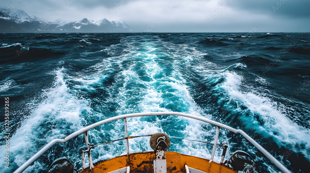 Aufkleber the image shows a boat navigating through stormy seas, leaving a trail of frothy waves against a bac