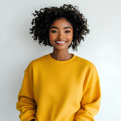 Smiling young woman with curly hair wearing a mustard yellow sweatshirt, portrait of a happy and confident person