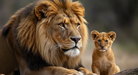 Fototapeta premium Majestic lion and its playful cub resting together in the wild savanna