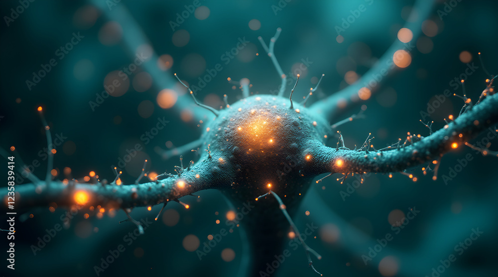 Aufkleber stunning microscopic view of neuron cell network glowing synapses artistic 3d render teal background