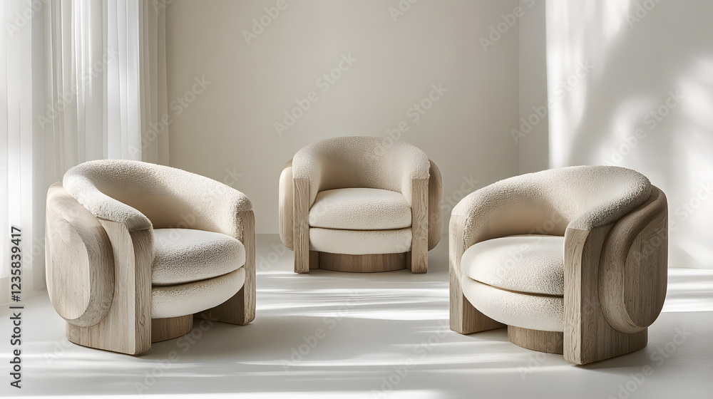 Fototapete three elegant, plush armchairs in a minimalistic setting with soft lighting, creating a cozy and inv