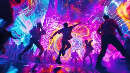 A lively dance party is in full swing with people grooving to energizing music. Bright colors illuminate the venue, creating an electrifying atmosphere filled with excitement
