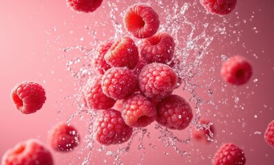 Bursting raspberries splashing in water