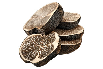 Fototapeta premium Fresh black truffles isolated on white transparent background, great for culinary and gourmet themes.