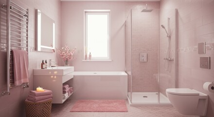 Modern pink bathroom featuring a shower, bathtub, and elegant decor with flowers
