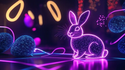 A neon rabbit sits amidst glowing eggs in a dynamic digital art environment, showcasing bright colors and festive vibes suitable for Easter celebrations