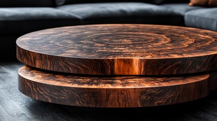 Obraz premium Elegant wooden coffee table with a unique circular design, showcasing rich textures and warm tones, perfect for modern living spaces and interior design inspiration.