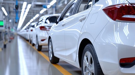 A modern automotive assembly line showcasing a row of sleek, white cars under bright industrial lighting.