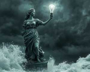Obraz premium Statue holds light, defying stormy sea.