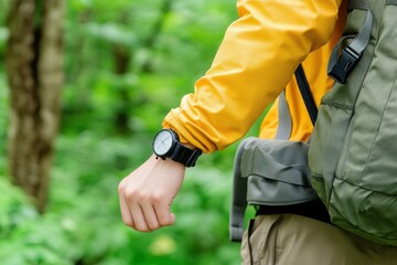 Fototapeta premium A hiker checks their watch while wearing a yellow jacket and carrying a backpack in a lush green forest.