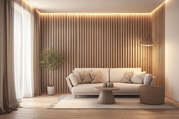 Beige Sofa and Light Wood Wall in Minimalist Living Room