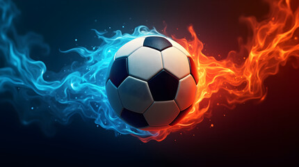 Obraz premium Fiery Football: Blue and Red Flames Engulf Soccer Ball, Dynamic Sports Graphic, Abstract Art, Competition Image
