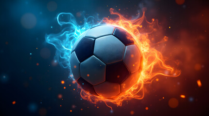 Obraz premium Fiery Football: Blazing Soccer Ball in Blue and Orange Flames, Dynamic Sports Graphic, Abstract Art