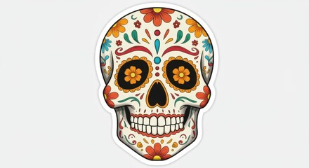 Colorful decorative skull design featuring floral patterns and vibrant colors