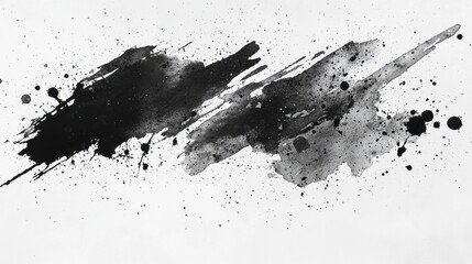 Bold black and gray splashes stretch across a white canvas, showcasing an abstract arrangement of paint. The design conveys a sense of movement and emotion